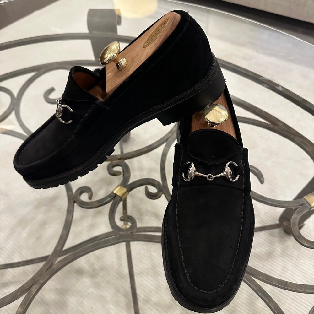 Gucci, Horsebit Black Suede Loafers, Men's size 9